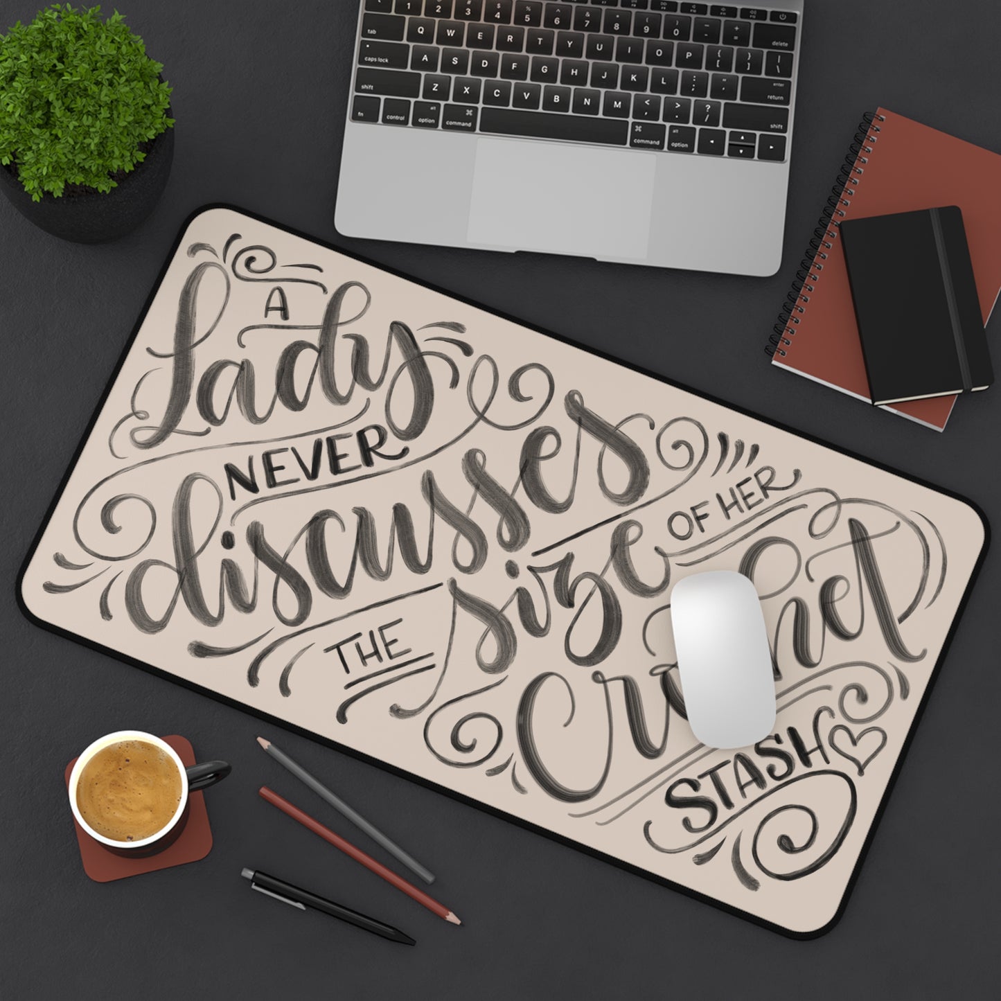 A Lady never discusses the size of her crochet stash - Tan Desk Mat - howjoyfulshop