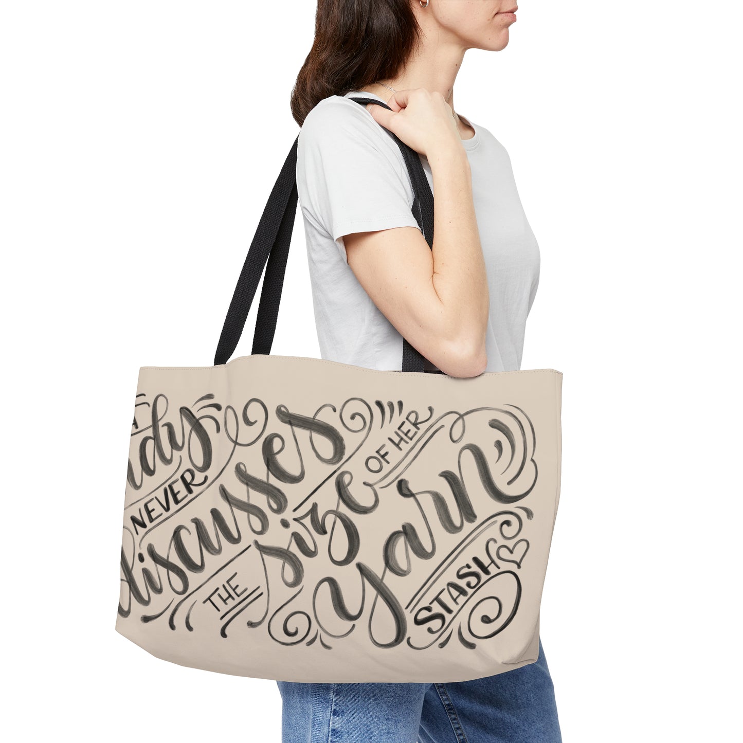 A lady never discusses the size of her yarn stash - Tan Weekender Tote Bag - howjoyfulshop