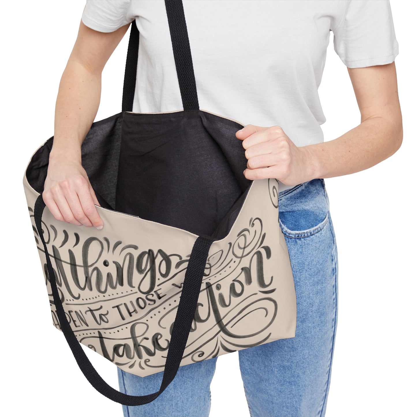 Great things happen to those who take action - Tan Weekender Tote Bag - howjoyfulshop