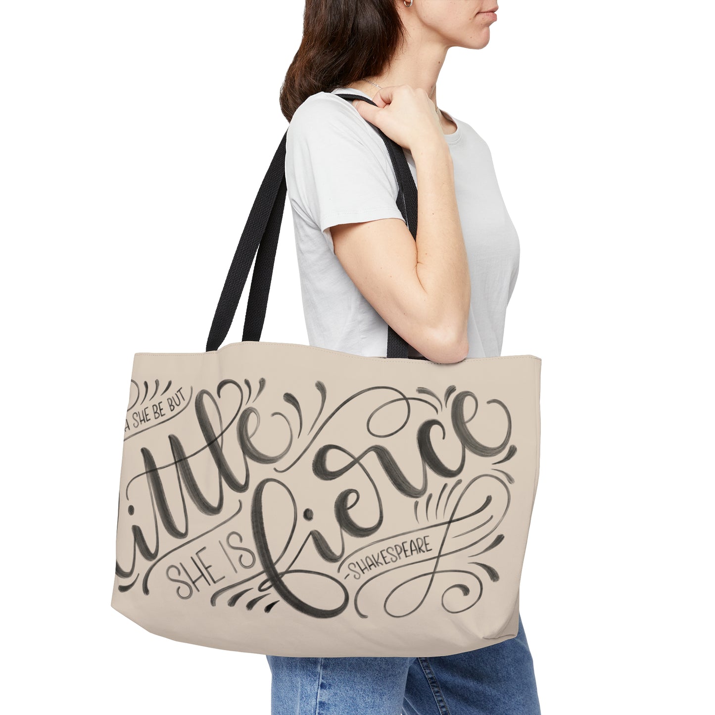 Though she be but little she is fierce - Tan Weekender Tote Bag - howjoyfulshop