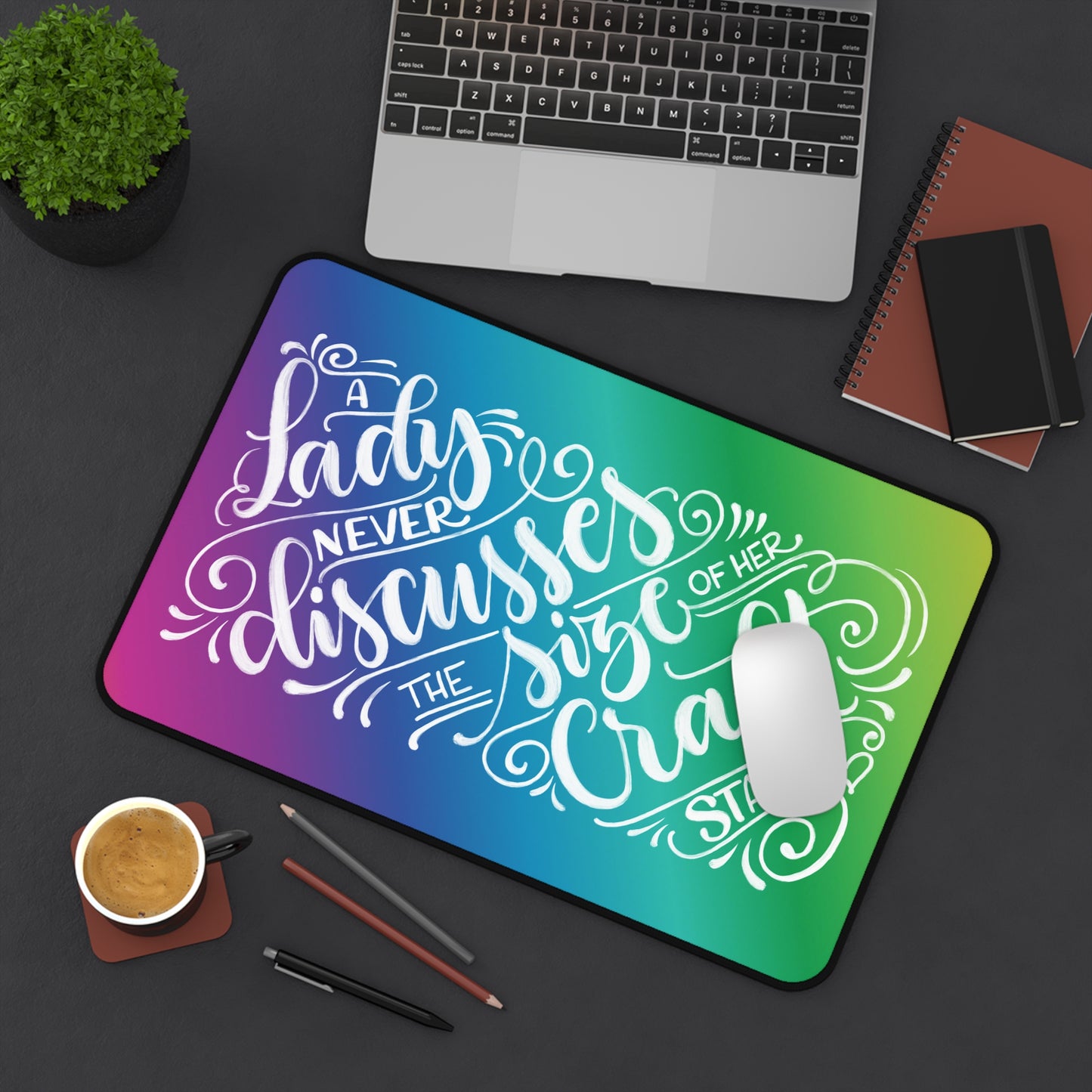 A lady never discusses the size of her craft stash - Rainbow - Desk Mat - howjoyfulshop