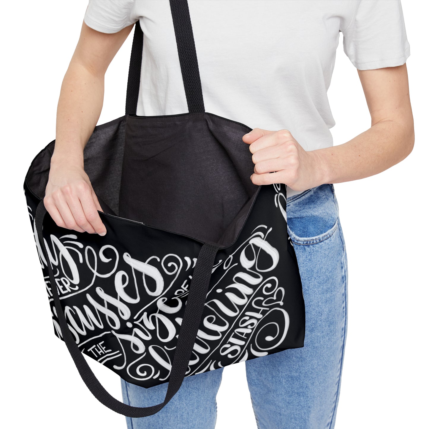 A lady never discusses the size of her lettering stash - Weekender Tote Bag - howjoyfulshop