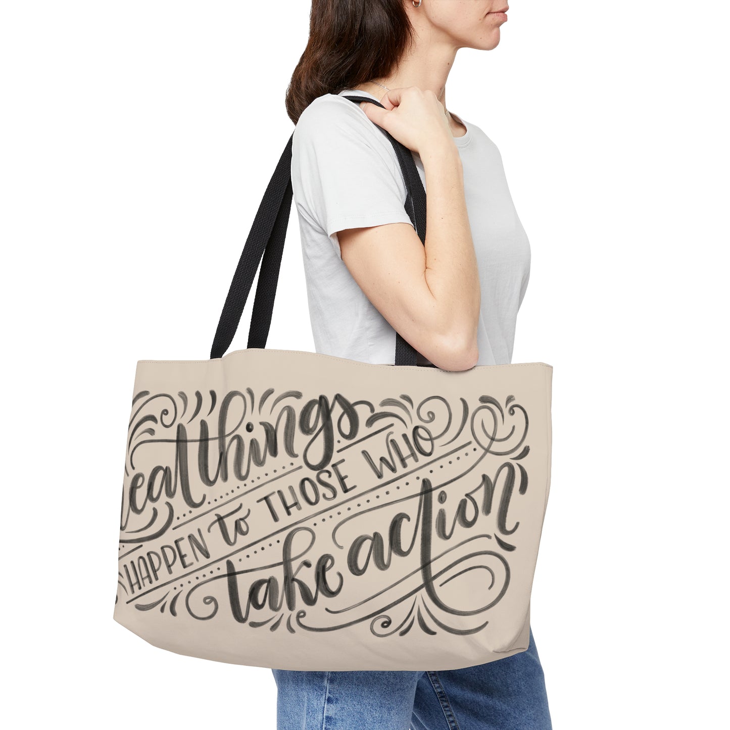 Great things happen to those who take action - Tan Weekender Tote Bag - howjoyfulshop