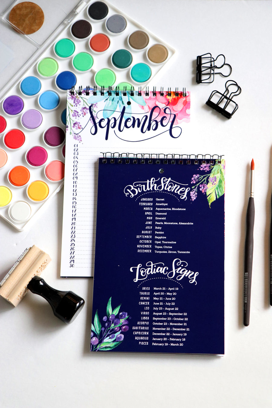 Watercolor perpetual calendar - Hand lettered calendar with watercolor flowers - howjoyfulshop