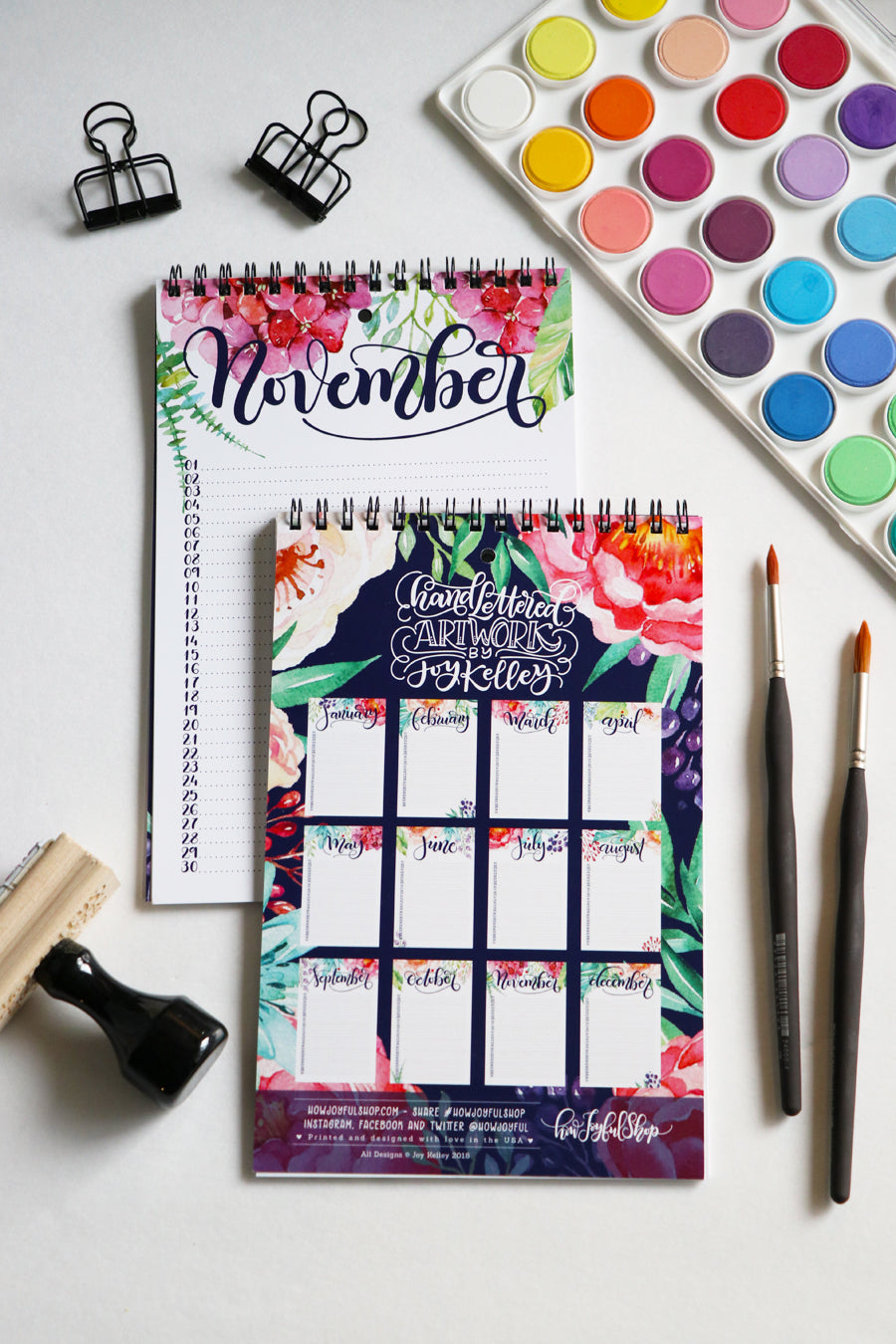 Watercolor perpetual calendar - Hand lettered calendar with watercolor flowers - howjoyfulshop