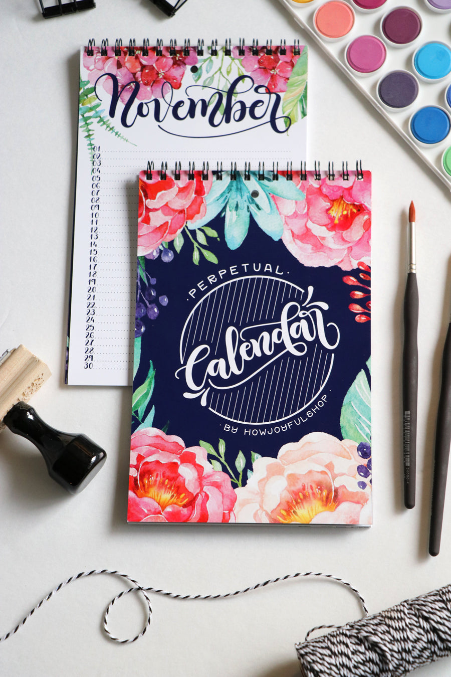 Watercolor perpetual calendar - Hand lettered calendar with watercolor flowers - howjoyfulshop