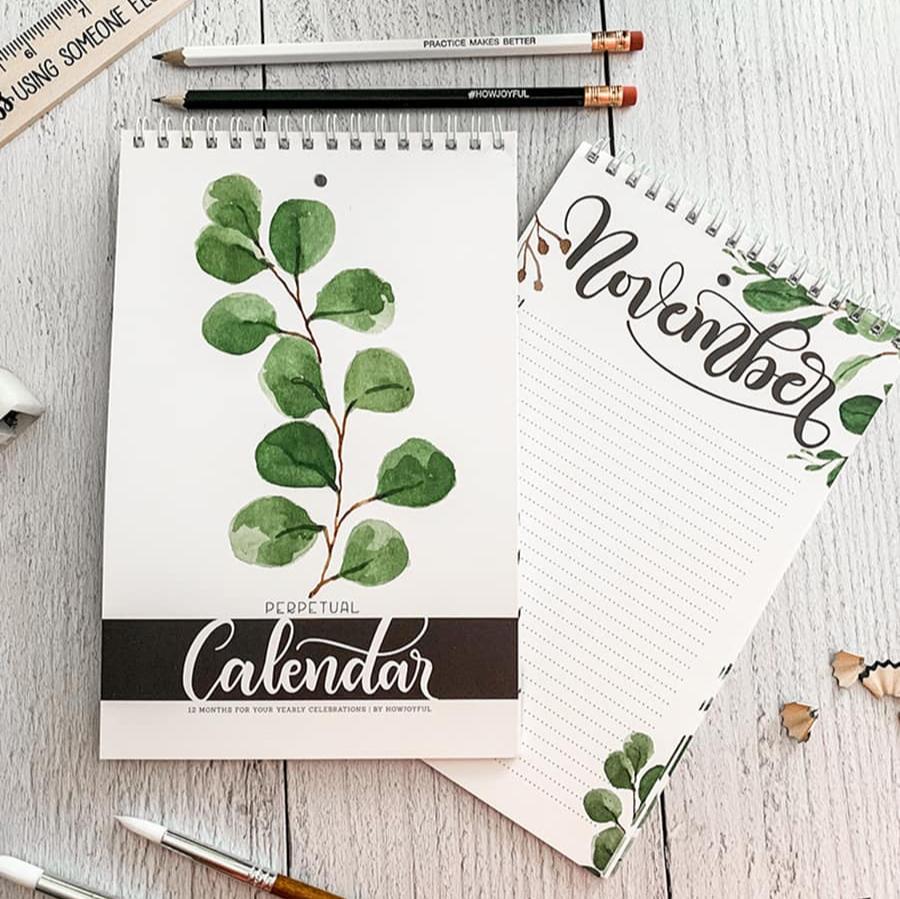 Farmhouse perpetual calendar - Hand lettered calendar with watercolor foliage - howjoyfulshop
