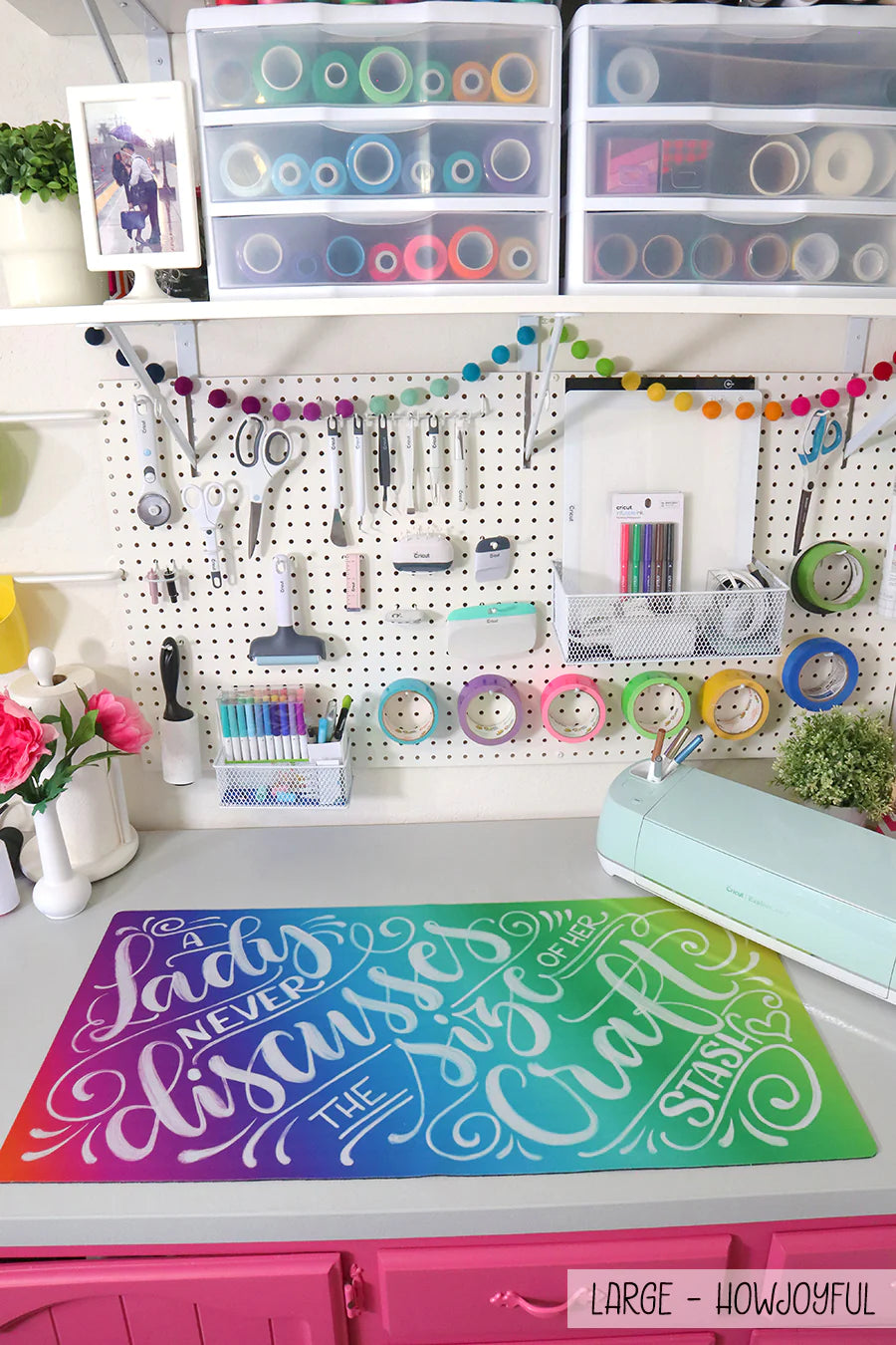A lady never discusses the size of her yarn stash - Rainbow - Desk Mat - howjoyfulshop