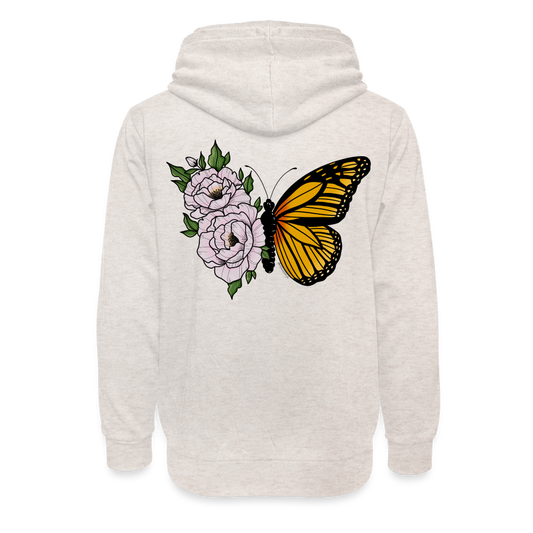 Shawl Collar Hoodie - she wore her past like wings - heather oatmeal