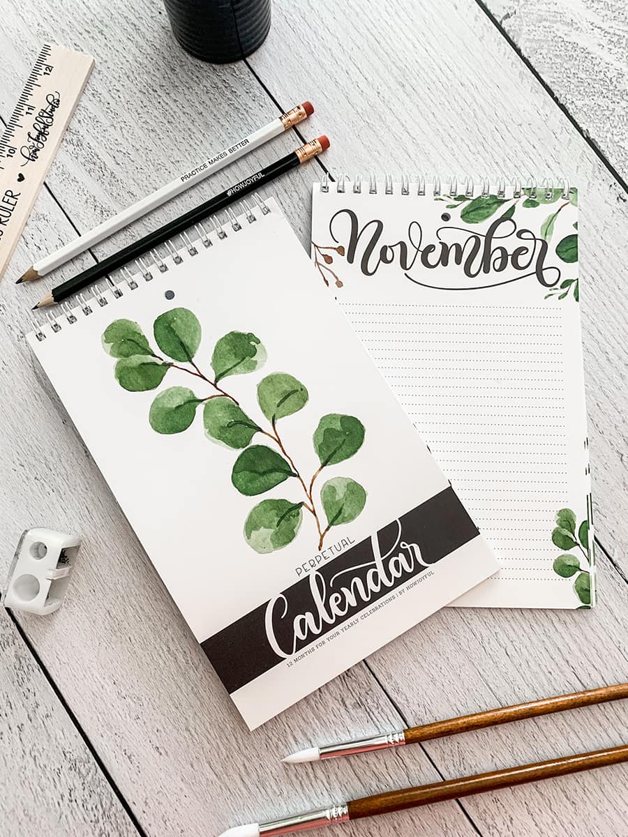 Farmhouse perpetual calendar - Hand lettered calendar with watercolor foliage - howjoyfulshop